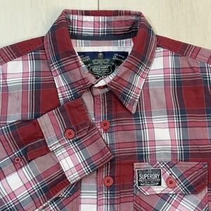 Superdry Plaid Shirt Men's L Red Black‎ Long Sleeve Western Snap Flap Pockets